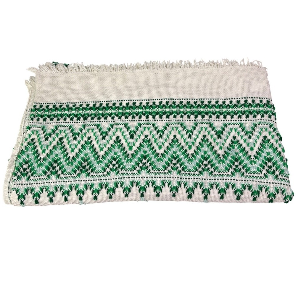 Handmade Swedish Huck Embroidery Blanket 54x62 White Green Woven Fringe Boho